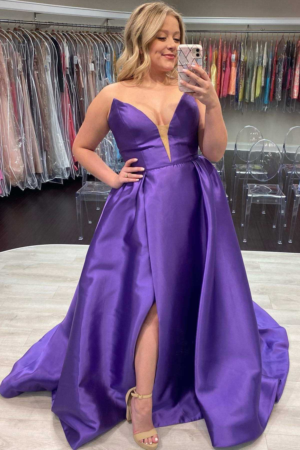 Purple Plus Size Prom Dresses Satin V Neck Sleeveless Formal Dress with Split Purple / US14 Purple Plus Size Prom Dresses Satin V Neck Sleeveless Formal Dress with Split Purple / US14