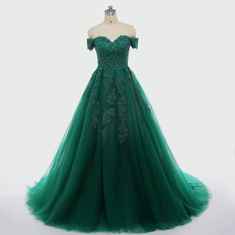 Real Off Shoulder Green Prom Dresses Beaded Appliques Emerald Quince D MyChicDress Real Off Shoulder Green Prom Dresses Beaded Appliques Emerald Quince D MyChicDress