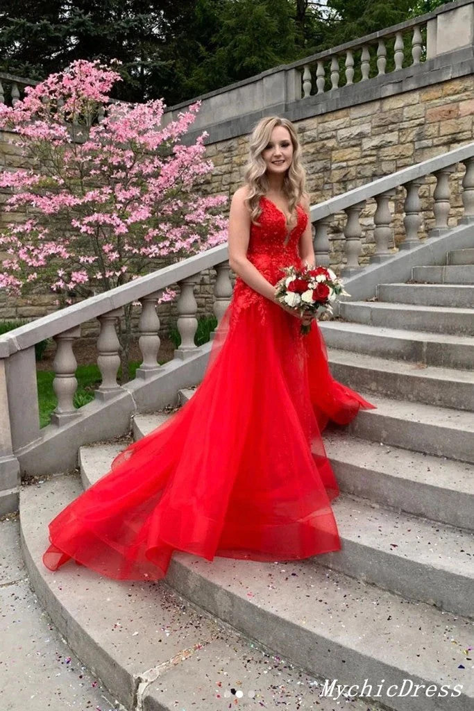 Prom Dress A-Line V-neck Tulle Red Long 2025 Prom Dress A-Line V-neck Tulle Red Long 2025