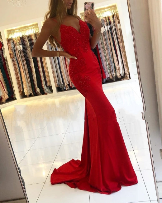 red spaghetti strap mermaid prom dress Red Spaghetti Straps Cutout Beaded Mermaid Long Dress With Split, Red / 8