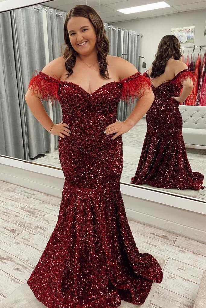 Burgundy Sequin Plus Size Prom Dresses Mermaid Feather Off the Shoulde