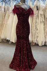 Burgundy Sequin Plus Size Prom Dresses Mermaid Feather Off the Shoulder Formal Dress