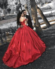 Satin Ball Gown Red Prom Dress Off Shoulder Sweetheart 16 Dresses