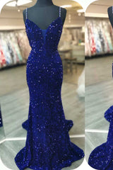 2024 Royal Blue Sequin Beaded Mermaid Prom Dresses Spaghetti Straps