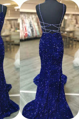 2024 Royal Blue Sequin Beaded Mermaid Prom Dresses Spaghetti Straps