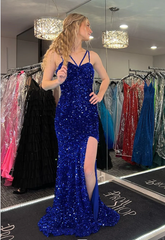 2024 Royal Blue Sequins Long Prom Dress Mermaid Straps Evening Dress UK with Slit