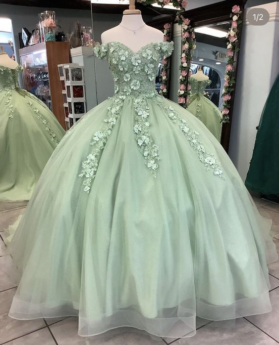 Sage Green Quinceanera Dresses with Flowers Sweet 16 Dress Off Shoulder US14 / Custom Color Sage Green Quinceanera Dresses with Flowers Sweet 16 Dress Off Shoulder US14 / Custom Color