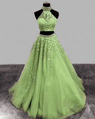 Sage Green Prom Dresses Two Piece Lace Embroidery Beaded Halter Formal Dress