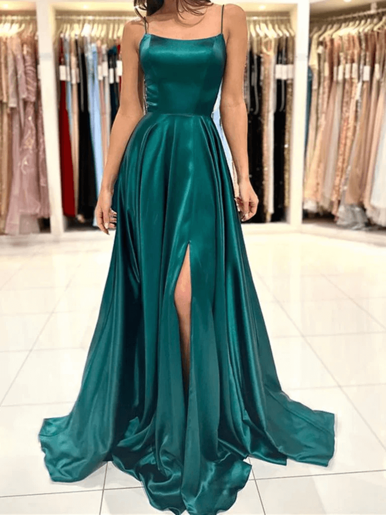 Emerald Green Silk Dress Backless Satin Dark Green Prom Dresses