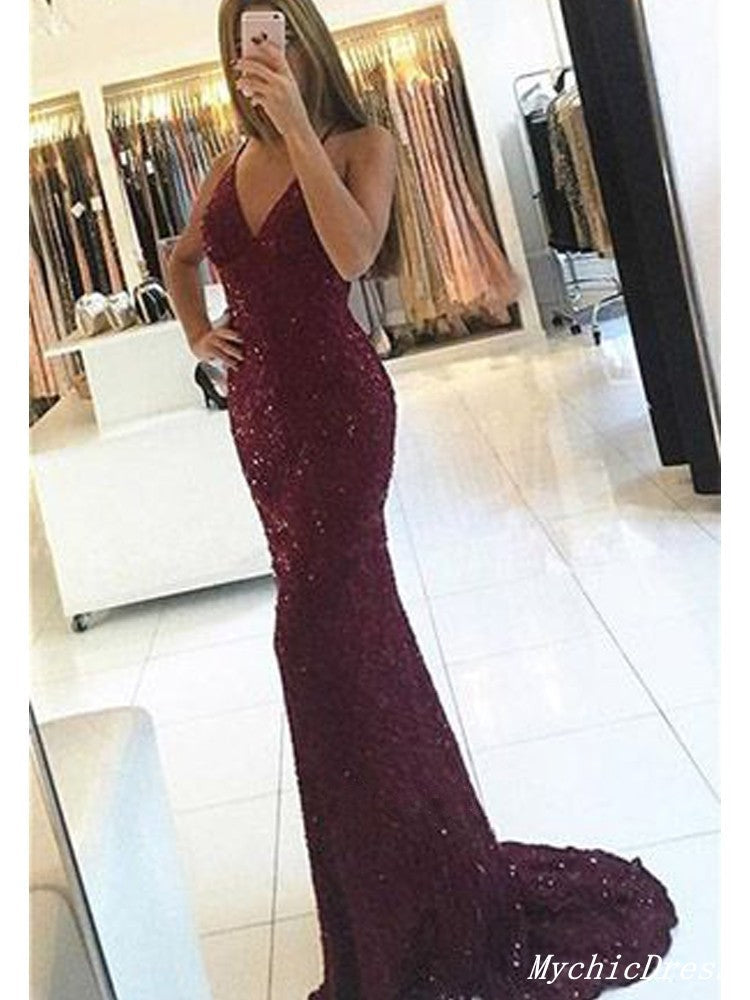 Sequin Burgundy Prom Dresses V Neck Long Mermaid Evening Gowns Custom Color / US10 Sequin Burgundy Prom Dresses V Neck Long Mermaid Evening Gowns Custom Color / US10