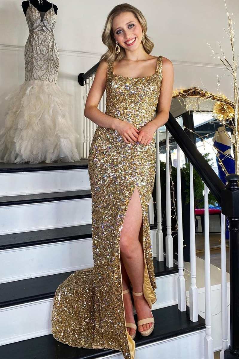 Ball Gown Gold Sequin Homecoming Dress Sequin Gold Square Neck