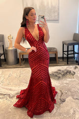 Sequin Prom Dresses Red 2024 Deep V Neck Mermaid Formal Dresses Long UK