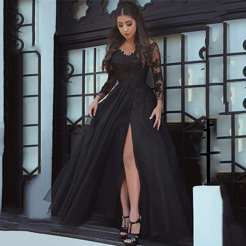 Sexy A Line Black Lace Long-Sleeved Slit Prom Evening Dresses Custom Color / US22W Sexy A Line Black Lace Long-Sleeved Slit Prom Evening Dresses Custom Color / US22W