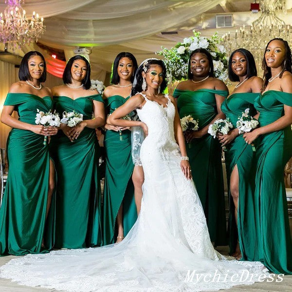 Sexy Black Girl Emerald Green Bridesmaid Dresses Off Shoulder Mermaid Soft Satin