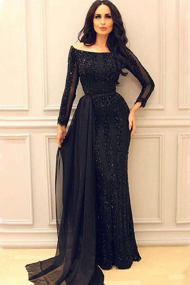 Simple Long Sleeve Evening Dresses Black Formal Simple Evening