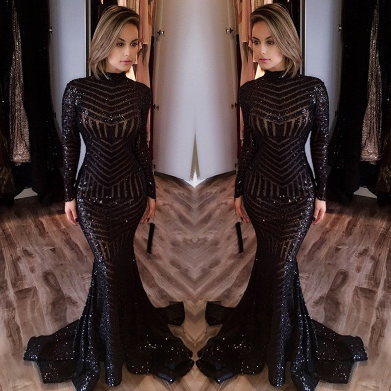 Sexy Black Mermaid High Neck Evening Gowns Long-Sleeves Sequined Prom Dress Black / US4 Sexy Black Mermaid High Neck Evening Gowns Long-Sleeves Sequined Prom Dress Black / US4