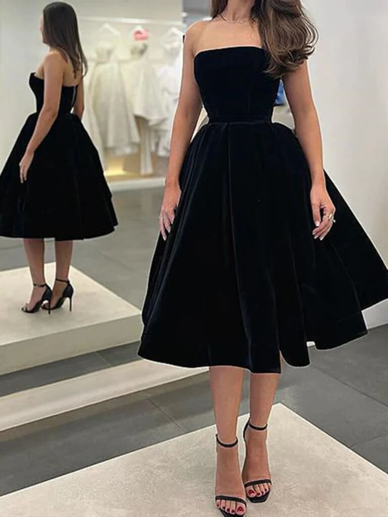 Sexy Black Velvet Wedding Guest Dress Strapless Knee Length Prom Dresses Short Black / US2 Sexy Black Velvet Wedding Guest Dress Strapless Knee Length Prom Dresses Short Black / US2