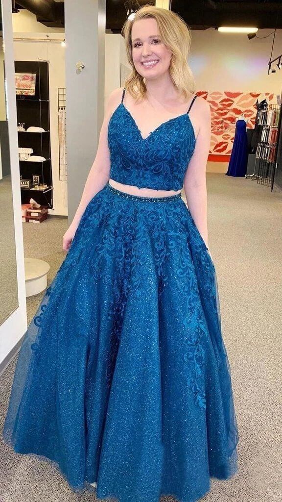 Sexy Blue 2 piece Prom Dresses Lace Sequin V Neck Formal Evening Dress Custom Color / US6 Sexy Blue 2 piece Prom Dresses Lace Sequin V Neck Formal Evening Dress Custom Color / US6