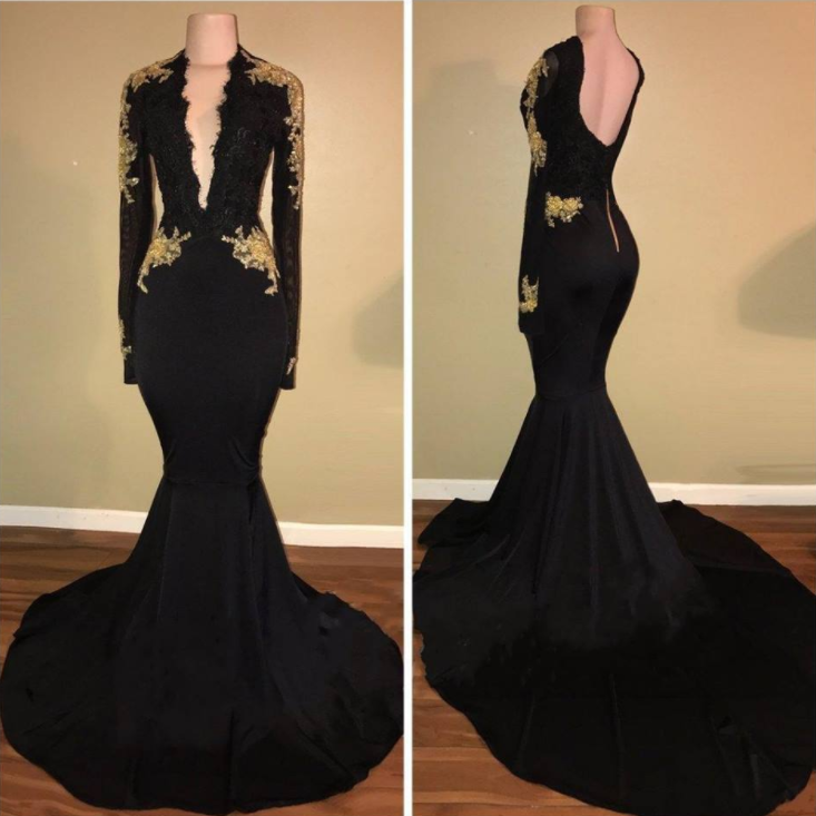 Sexy Deep V-Neck Long Sleeves Black Gold Prom Dresses MyChicDress Sexy Deep V-Neck Long Sleeves Black Gold Prom Dresses MyChicDress