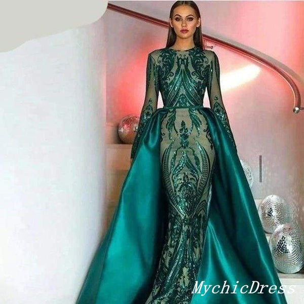 Sexy Emerald Green Lace Prom Dresses Long Sleeves with Detachable Train Burgundy / US10 Sexy Emerald Green Lace Prom Dresses Long Sleeves with Detachable Train Burgundy / US10