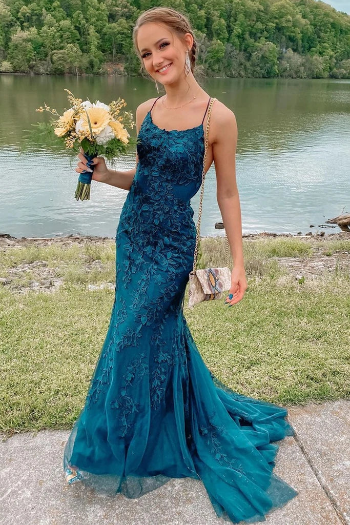 Sexy Long Lace Teal Prom Dresses Spaghetti Straps Mermaid Evening