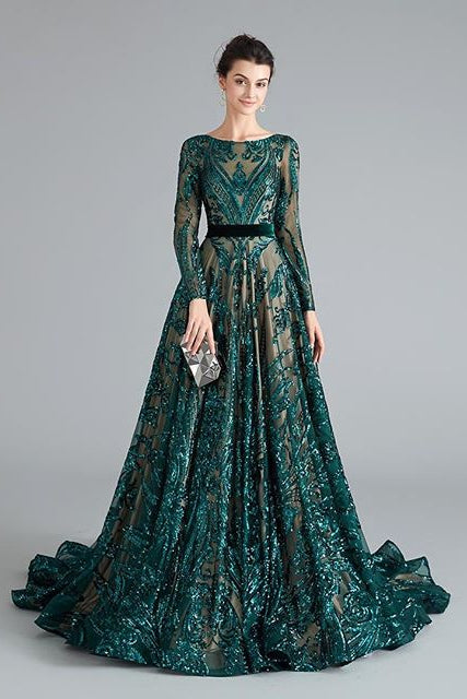 Sexy Long Sleeves Emerald Green Lace Prom Dresses Open back Sexy Long Sleeves Emerald Green Lace Prom Dresses Open back