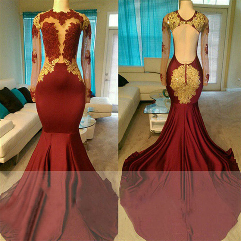 Sexy Long Sleeves Open Back Burgundy Gold Prom Dresses On Sale Burgundy Gold / US8 Sexy Long Sleeves Open Back Burgundy Gold Prom Dresses On Sale Burgundy Gold / US8