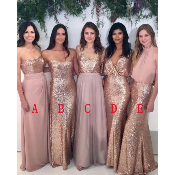 sequin and chiffon bridesmaid dress B213066 Sequin & Poly Chiffon Long Bridesmaid Dress with V-neckline