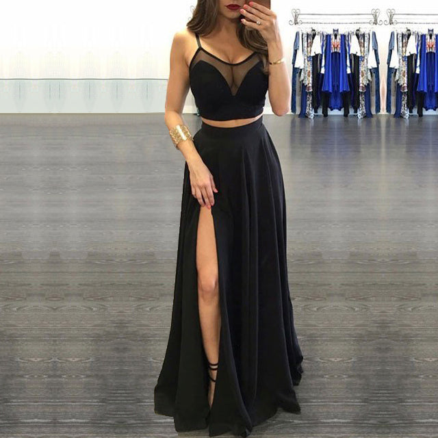 Sexy Split Tulle Chiffon Black Two Piece Prom Dresses US14 / Same as Picture