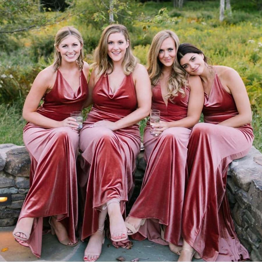 Sexy V-neck Vintage Rust Velvet Bridesmaid Dresses Long US0 / Custom Color