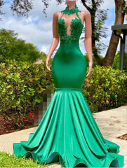 Sexy Long Green Lace Prom Dresses Open Back Mermaid Halter Dress