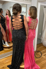 Sexy Sequins Long Fitted Prom Dress Mermaid V-Neck Lace-Up Back with Slit