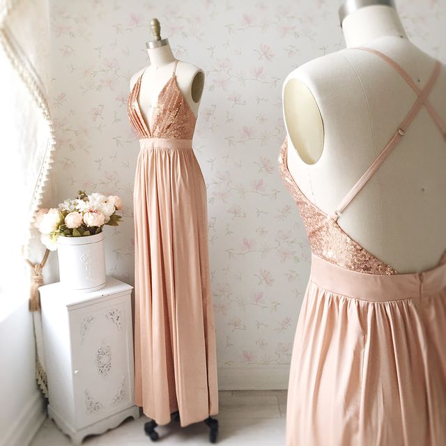 Sheath Rose Gold Bridesmaid Dresses Sequin V Neck Wedding Guest Dress US4 / Custom Color Sheath Rose Gold Bridesmaid Dresses Sequin V Neck Wedding Guest Dress US4 / Custom Color