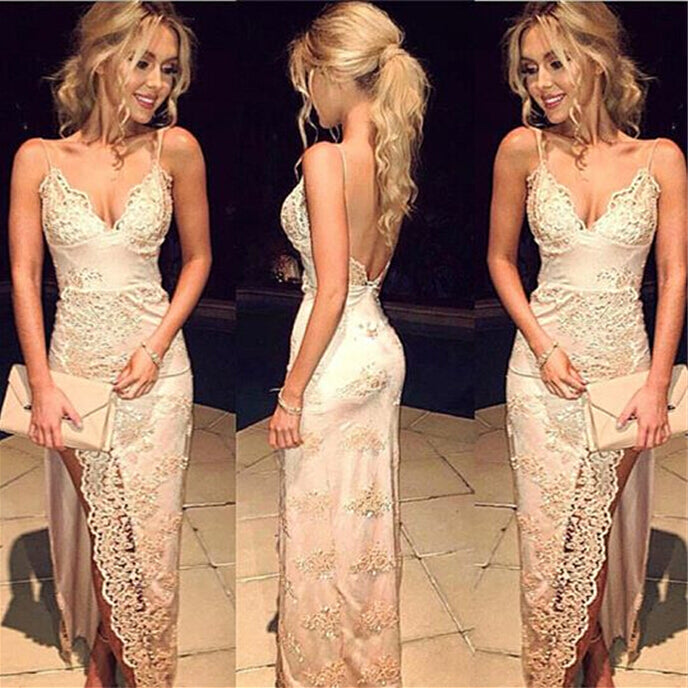 Gorgeous Spaghetti Straps 2017 Prom Dress Lace With Front Split US10 / Custom Color Gorgeous Spaghetti Straps 2017 Prom Dress Lace With Front Split US10 / Custom Color