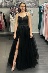 Cheap 2024 Black Lace Long Prom Dress V Neck Backless Tulle Formal Dress with Slit