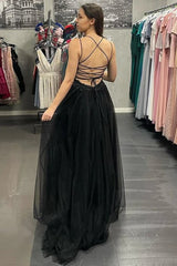 Cheap 2024 Black Lace Long Prom Dress V Neck Backless Tulle Formal Dress with Slit