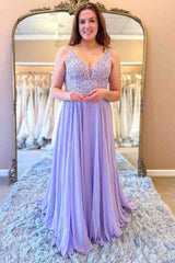 Sheath Lace Long Prom Dresses Lavender Chiffon Formal Dress with Appliques