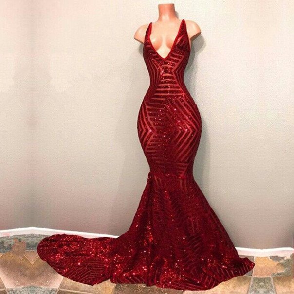Shiny Mermaid Long V neck Red Sequins Prom Dresses US14 / Red Shiny Mermaid Long V neck Red Sequins Prom Dresses US14 / Red