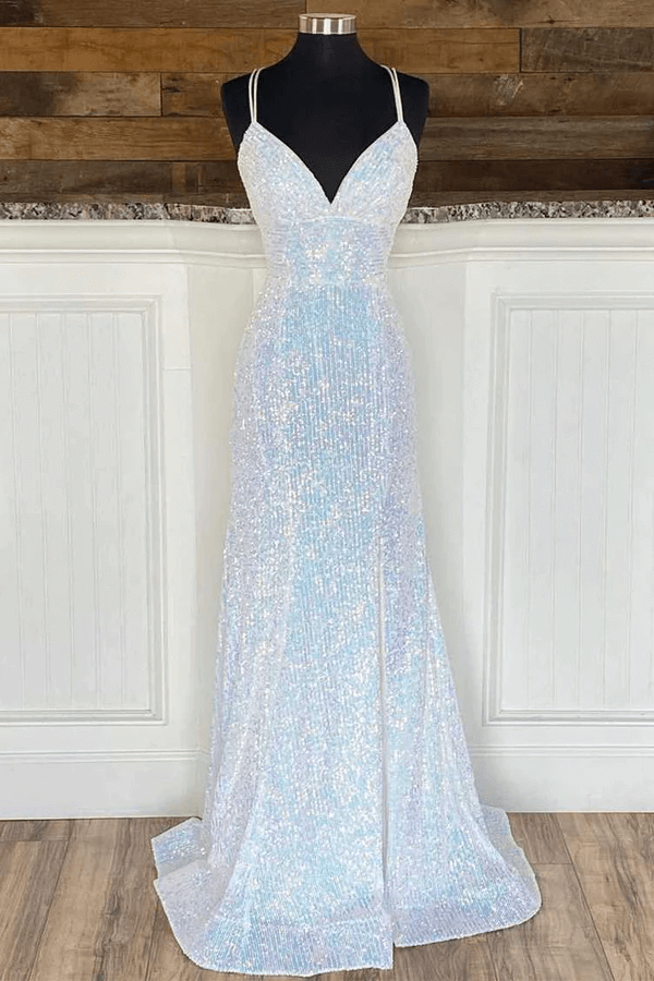 Shiny Mermaid Sequins Long White Prom Dresses V Neck Sleeveless Formal Dresses Custom Color / Custom Size Shiny Mermaid Sequins Long White Prom Dresses V Neck Sleeveless Formal Dresses Custom Color / Custom Size