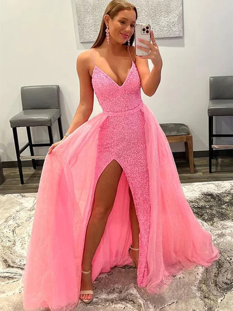 Shiny V Neck Sequins Hot Pink Prom Dresses Long Mermaid High Slit with Train Pink / US2 Shiny V Neck Sequins Hot Pink Prom Dresses Long Mermaid High Slit with Train Pink / US2