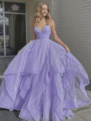 Shiny Princess Purple Prom Dresses 2024 Ruffles V-neck Sleeveless Formal Dresses