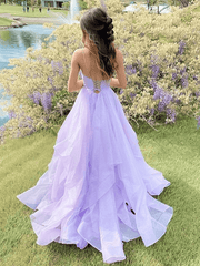 Shiny Princess Purple Prom Dresses 2024 Ruffles V-neck Sleeveless Formal Dresses