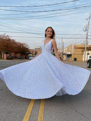 Sparkly V Neck Sequin White Iridescent Prom Dresses 2024 A Line Evening Gowns