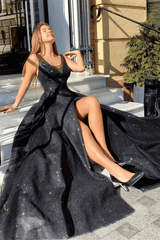 Shiny Tulle Black Long Prom Dresses V Neck Open Back with High Slit