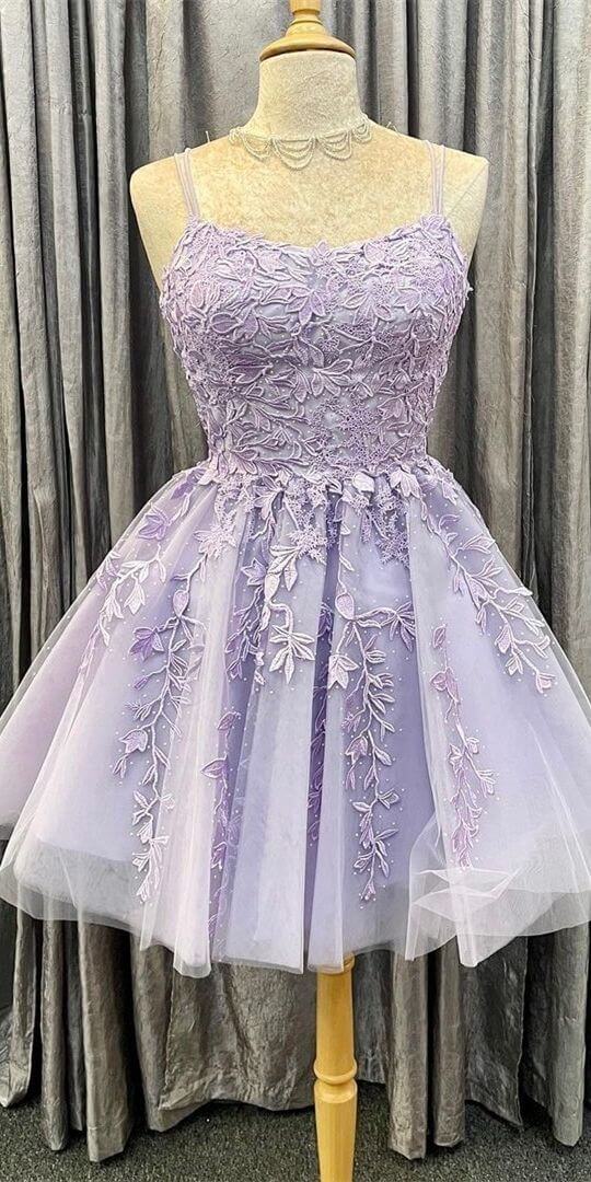 Short Lilac Prom Dresses Lace Homecoming Dresses Purple Applique