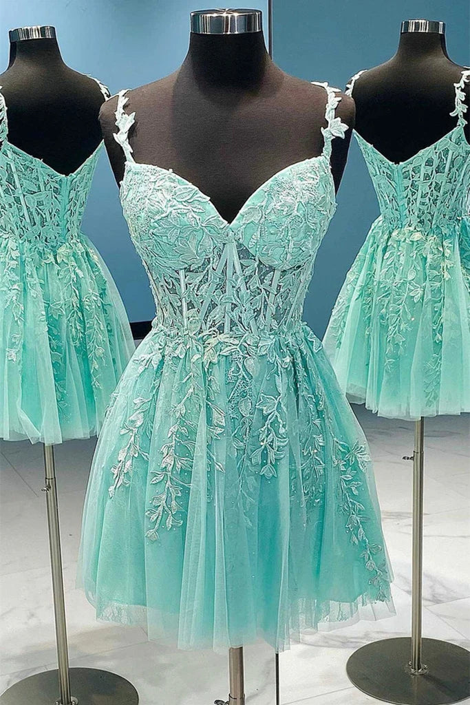 Short Mint Green Homecoming Dress Lace V Neck Applique Mini Prom Dresses Blue / US2 Short Mint Green Homecoming Dress Lace V Neck Applique Mini Prom Dresses Blue / US2