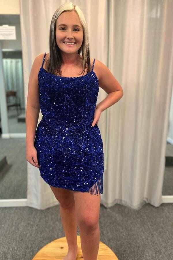 Short Plus Size Sequins Prom Dresses Royal Blue Mermaid Bodycon Spaghetti Straps Custom Color / US12 Short Plus Size Sequins Prom Dresses Royal Blue Mermaid Bodycon Spaghetti Straps Custom Color / US12