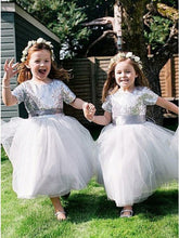 Short Sleeves Tea Length Sequin Tulle Silver Flower Girl Dresses MyChicDress