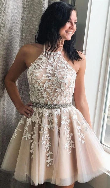 Short ivory Halter Homecoming Dresses Lace A Line Mini Prom