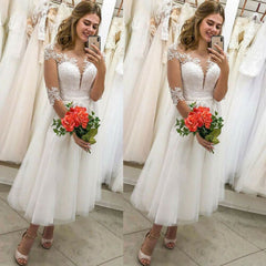 Short Lace Appliques Beach Tea Length Wedding Dresses with Half Sleeves
